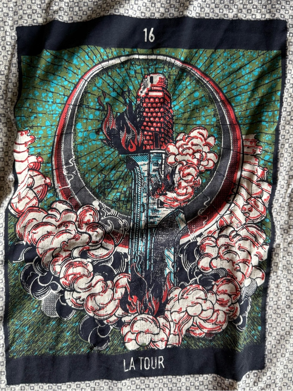 Dior White Patterned Short Sleeve Tee with Multicolor 'La Tour' Graphic - Picture 2 of 5